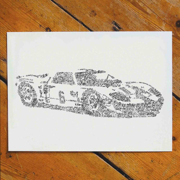 gt40 ford doodle drawing in black ink with detials about the car