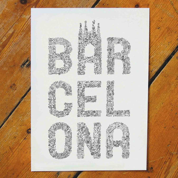 Barcelona doodle ink print with details inside the picture