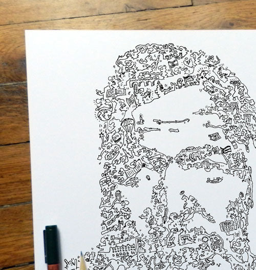 Ernest Hemingway ink doodle drawing inspired by his biography