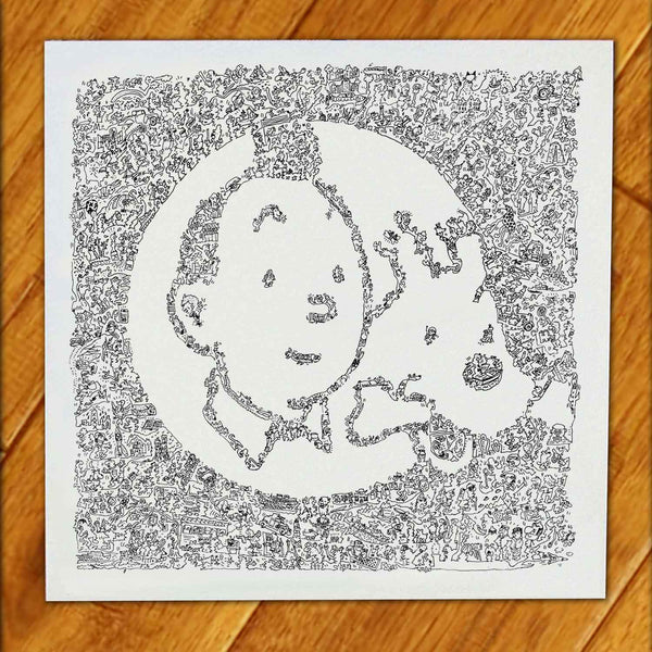 Tintin and Snowy ink drawing hand made with adventures of the reporter inside