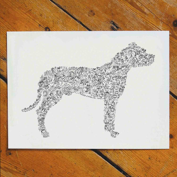 dogo breed black and white silouhette print with doodles