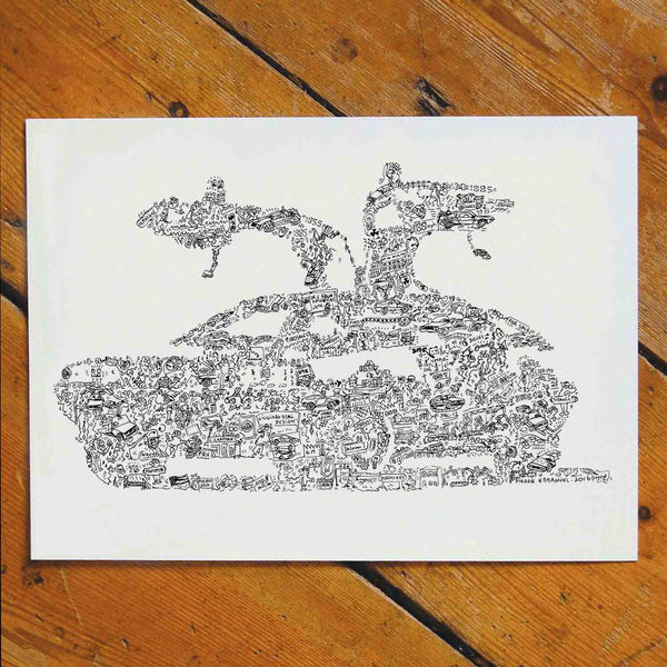 DeLorean dmc 12 doodle art with fun details inside by drawinside