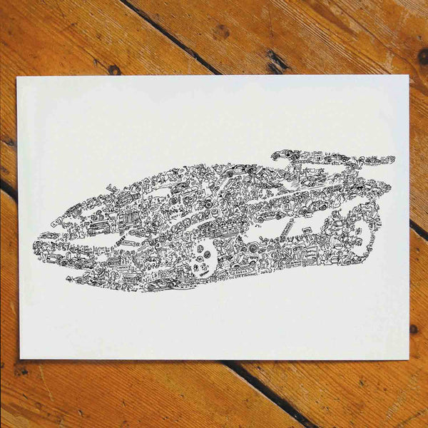 Lamborghini Countach black and white drawing stencil with doodles