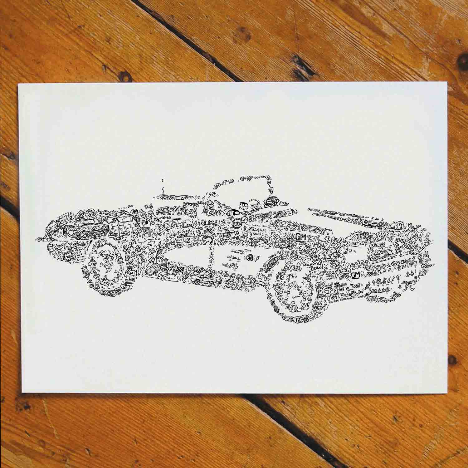 Corvette C1 doodle art print of the 80s super car with details