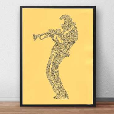 art print of Miles Davis made of doodles and details from his biography