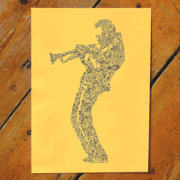 black and yellow trumpet art print with jazz doodles