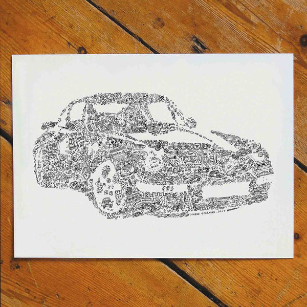 993 flat 6 porsche doodle ink drawing by drawinside