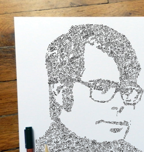 Stephen King doodle art portrait based on his biography