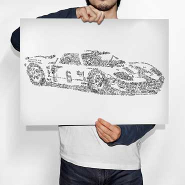 Ford GT40 poster in le mans 66 ink drawing with history details