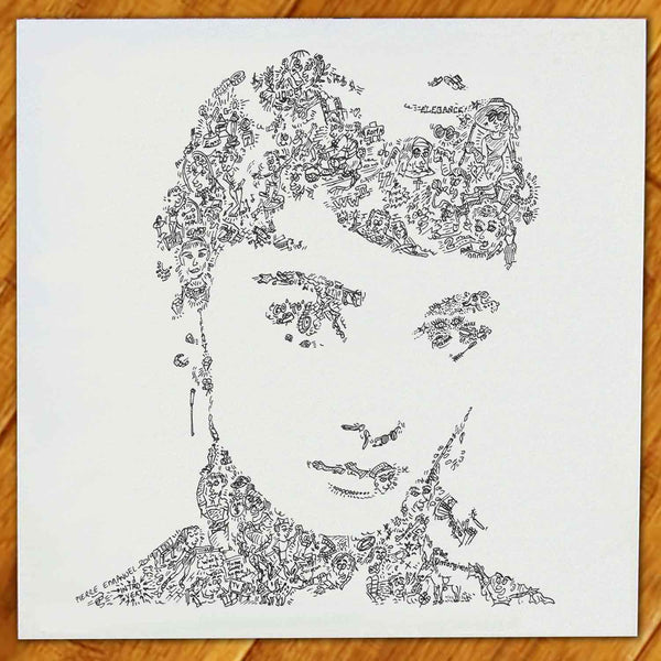 incredible print of Audrey Hepburn made of doodles and details