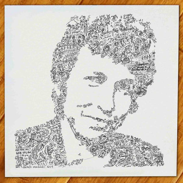 Bob Dylan biography drawing inside the portrait