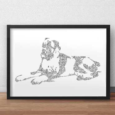 Boxer dog breed ink drawing with doodles inside