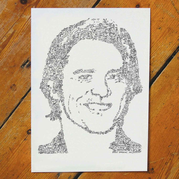 Jim Carrey portrait made of doodles and biography details by drawinside