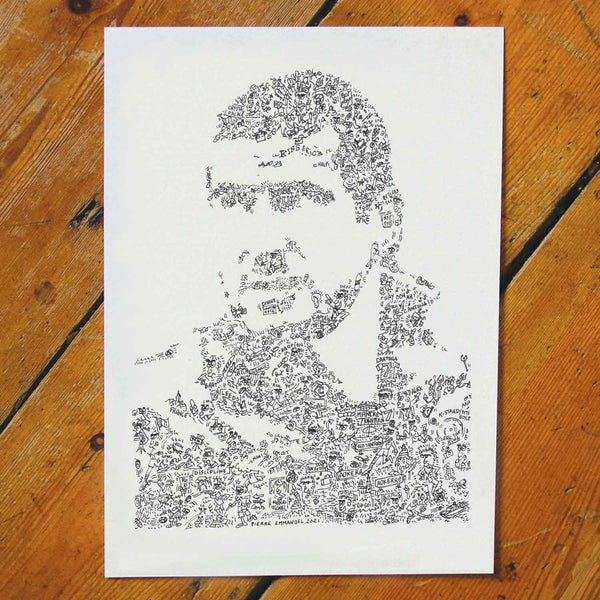 king eric cantona ink drawing with biography