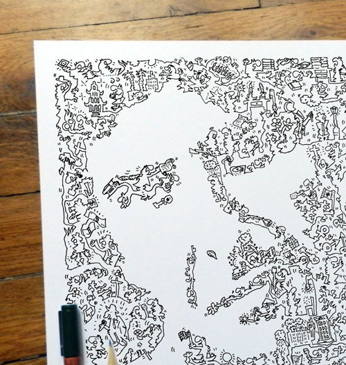 Leonard Cohen ink drawing with doodles