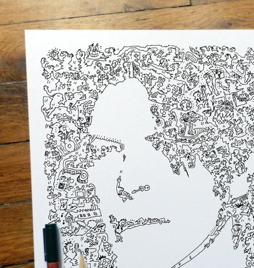 david bowir ink drawing with doodles
