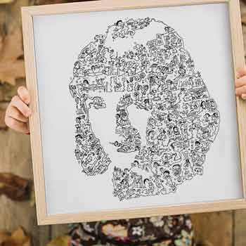 Uma Thurman drawinside portrait in pulp fiction with doodles