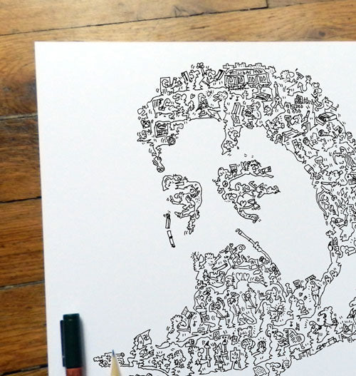 Serge Gainsbourg ink drawing with little details inside