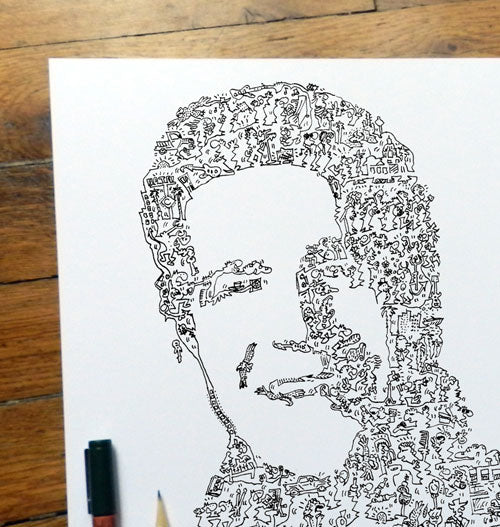 Glen Frey ink drawing with doodles