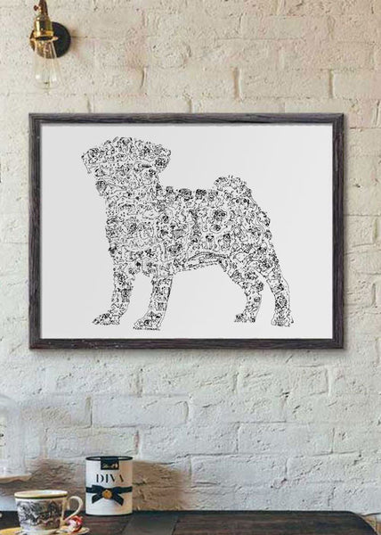 pug breed silouhette doodle art print