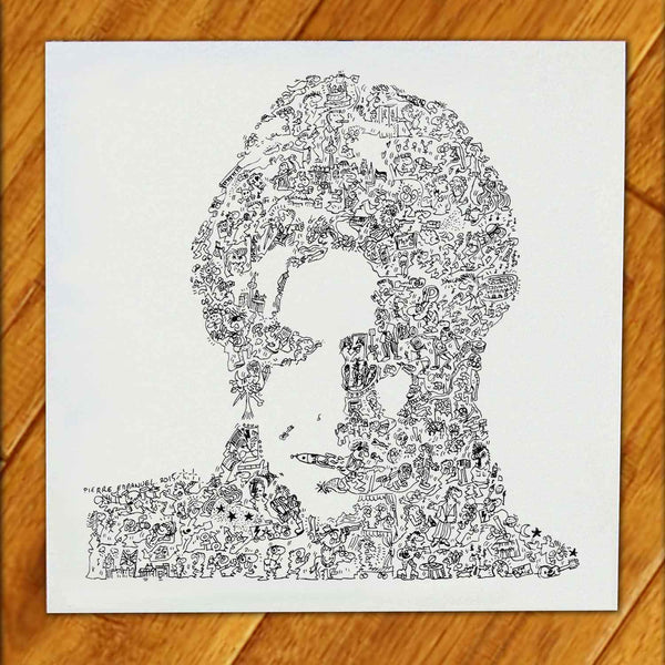David Bowie doodle artwork with biography inside the portrait