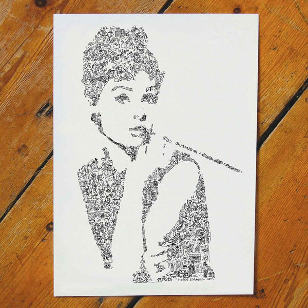 Holly Golightly doodle art print with tiffany details