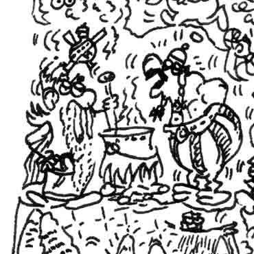 obelix asking for magic potion ink drawing