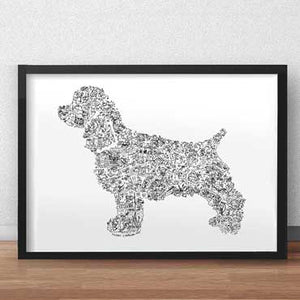 english cocker spaniel dog art print with doodles and breed facts