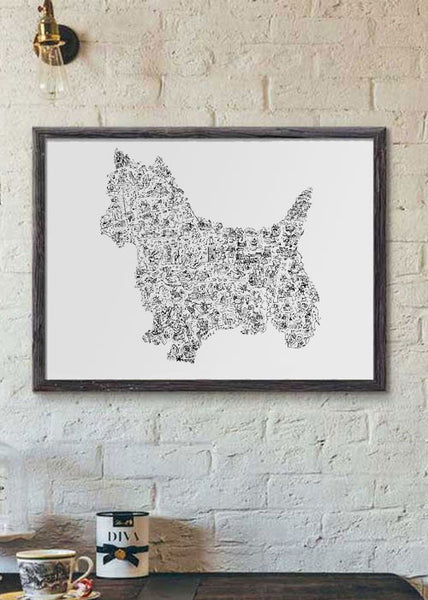 Yorkshire dog in black and white silouhette poster