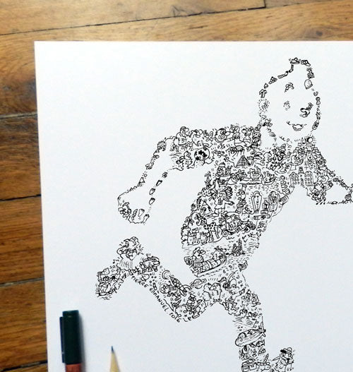 tintin ink drawing in black in white